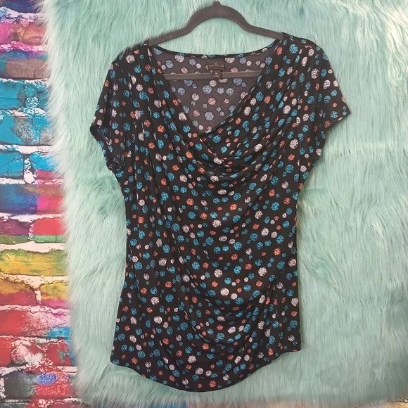 Worthington Black Swoop Neck Multi Color Polka Dot Shirt Sleeve Top Size XL - Picture 3 of 6